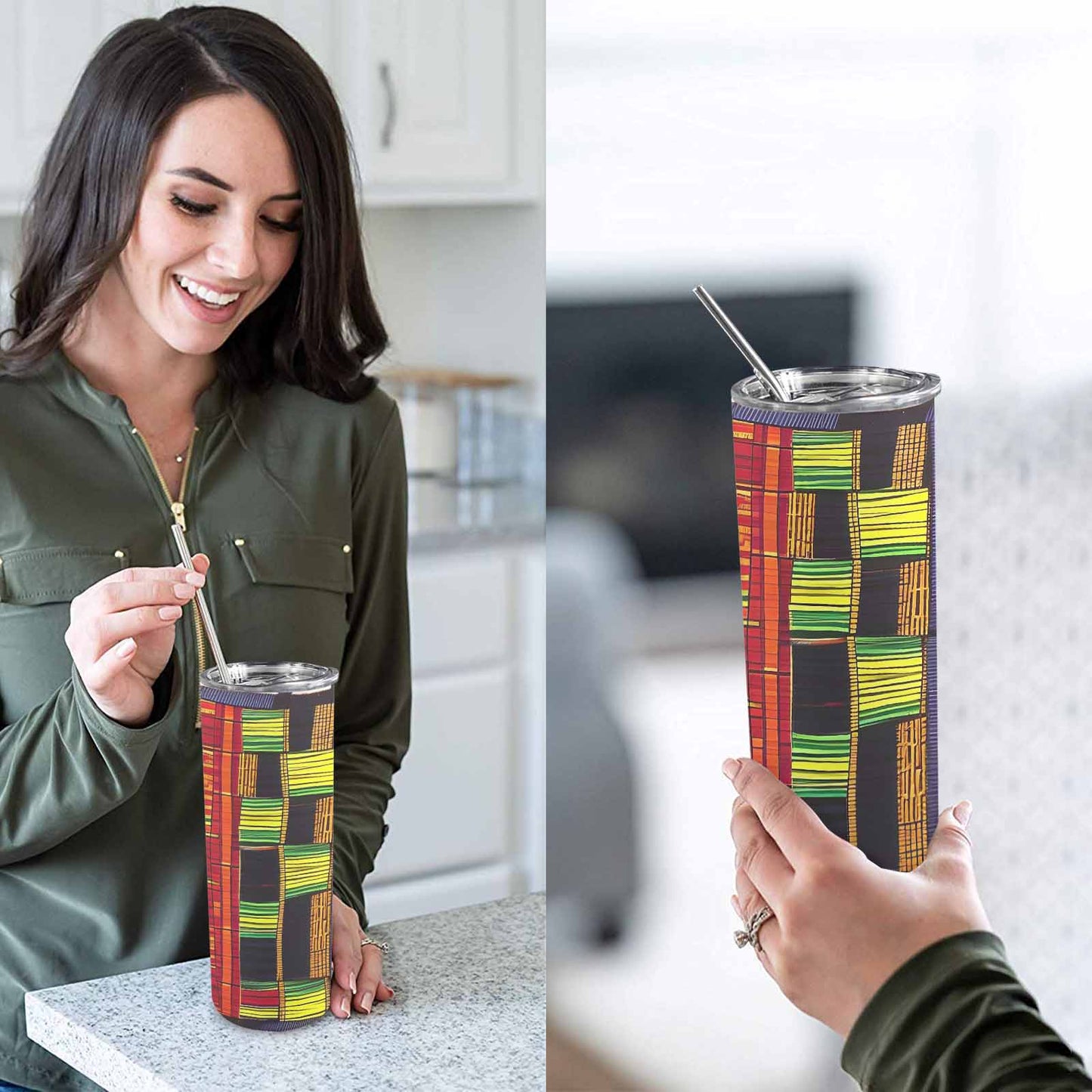 African Art, tall stainless steel insulated tumbler, travel mug, design 16