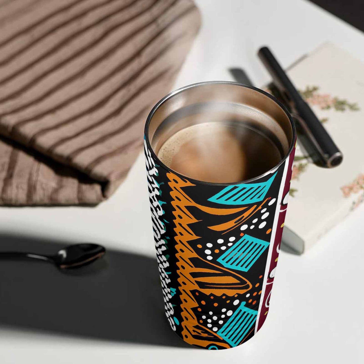 African Art, stainless steel insulated tumbler, travel mug, design 36