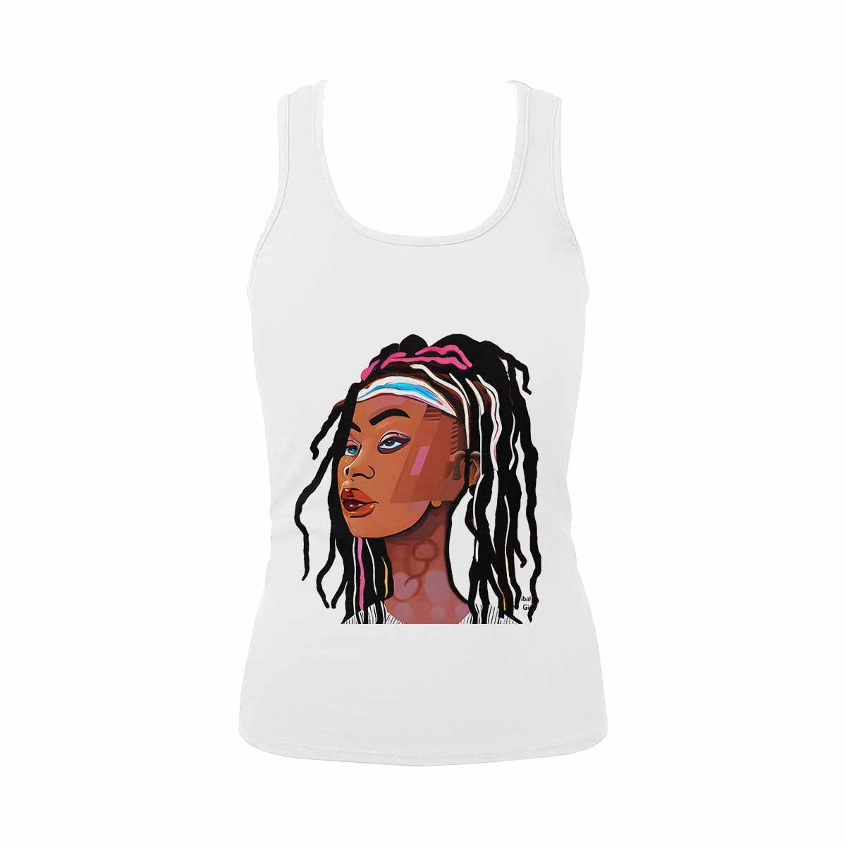 Dreads & Braids, WHITE tank top, cotton, african tribal, outline BL, Fulangiara 16