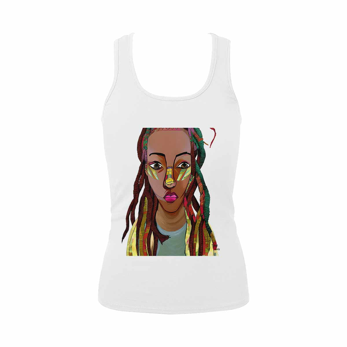 Dreads & Braids, WHITE tank top, cotton, african tribal, outline BL, Fulangiara 26