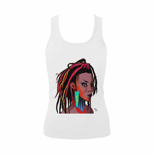 Dreads & Braids, WHITE tank top, cotton, african tribal, outline BL, Fulangiara 27