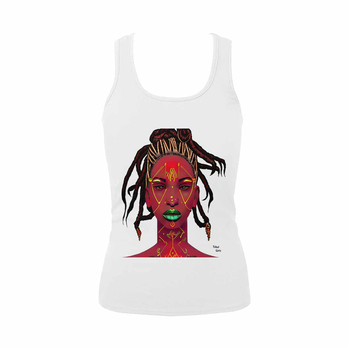 Dreads & Braids, WHITE tank top, cotton, african tribal, outline BL, Fulangiara 49