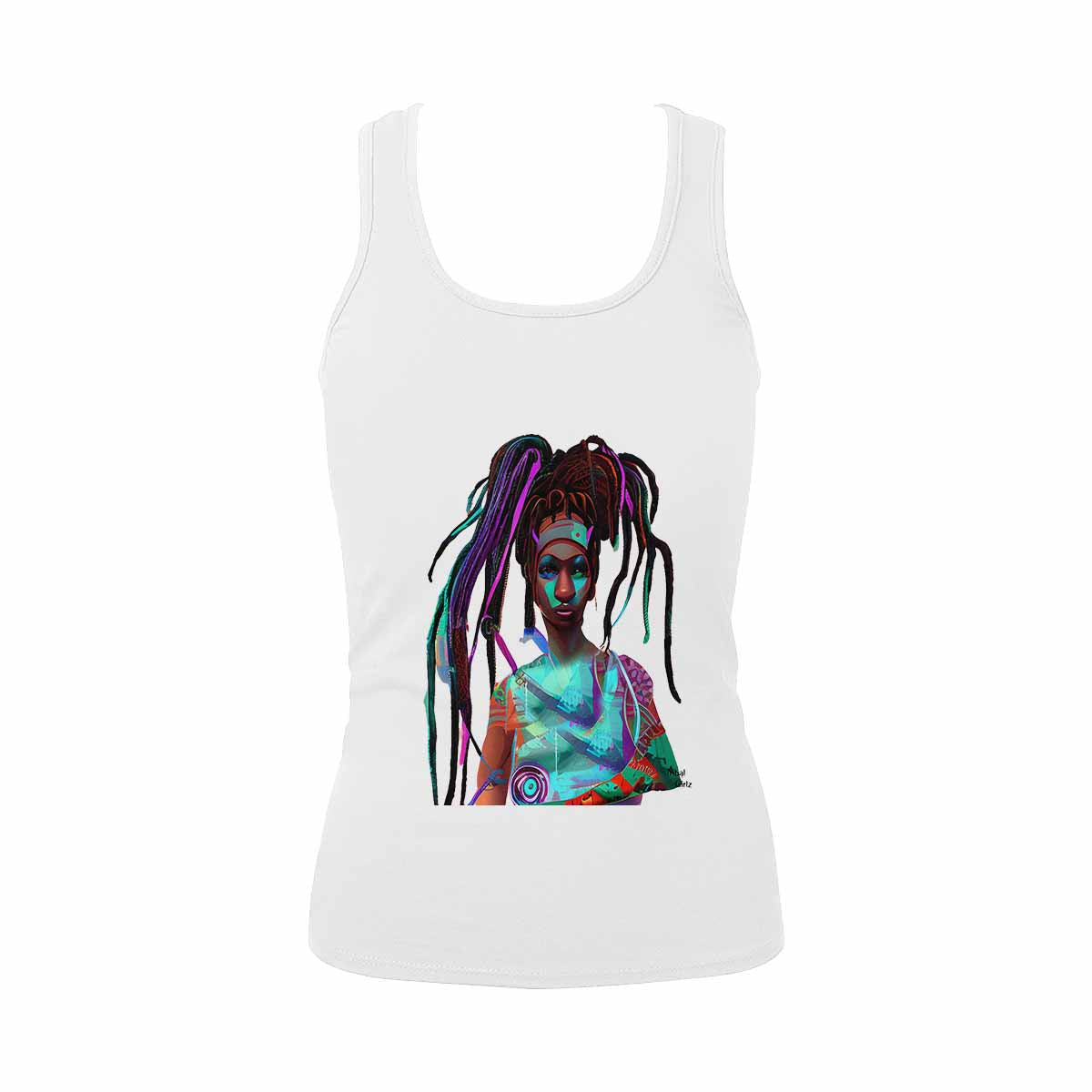 Dreads & Braids, WHITE tank top, cotton, african tribal, outline BL, Fulangiara 32