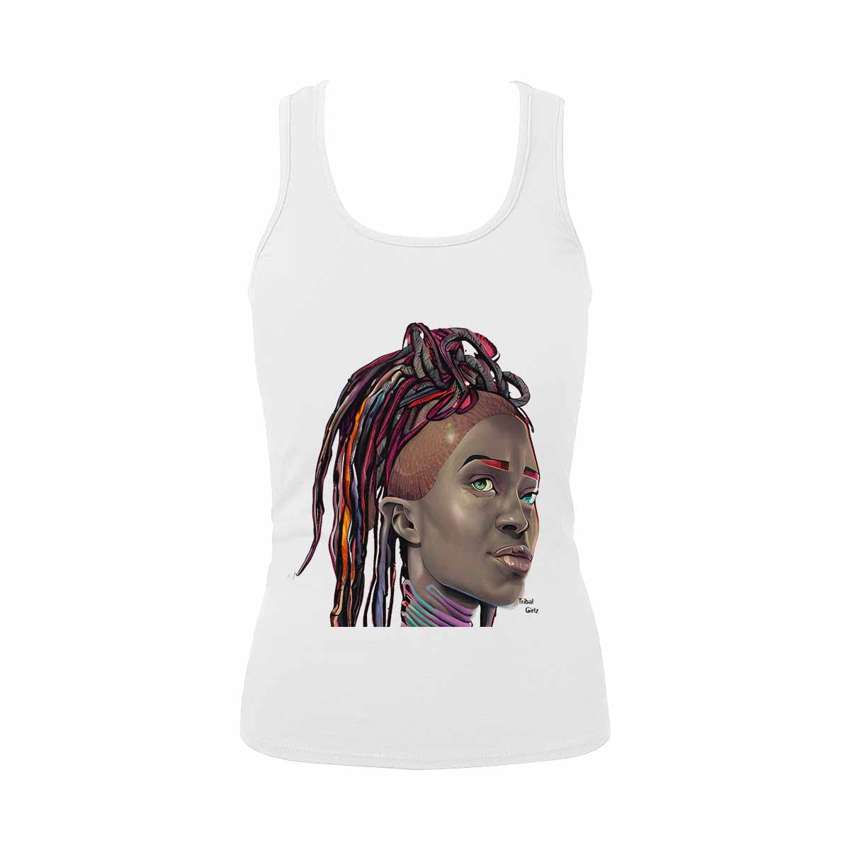 Dreads & Braids, WHITE tank top, cotton, african tribal, outline BL, Fulangiara 40