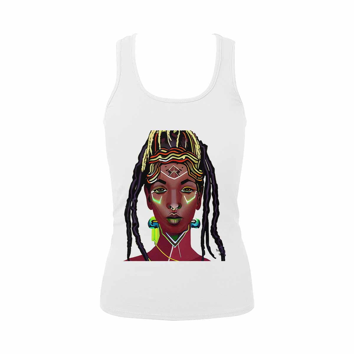 Dreads & Braids, WHITE tank top, cotton, african tribal, outline BL, Fulangiara 44