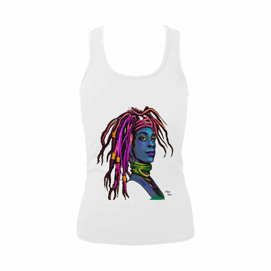 Dreads & Braids, WHITE tank top, cotton, african tribal, outline BL, Fulangiara 10