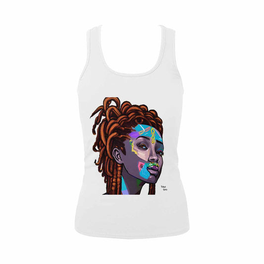 Dreads & Braids, WHITE tank top, cotton, african tribal, outline BL, Fulangiara 36