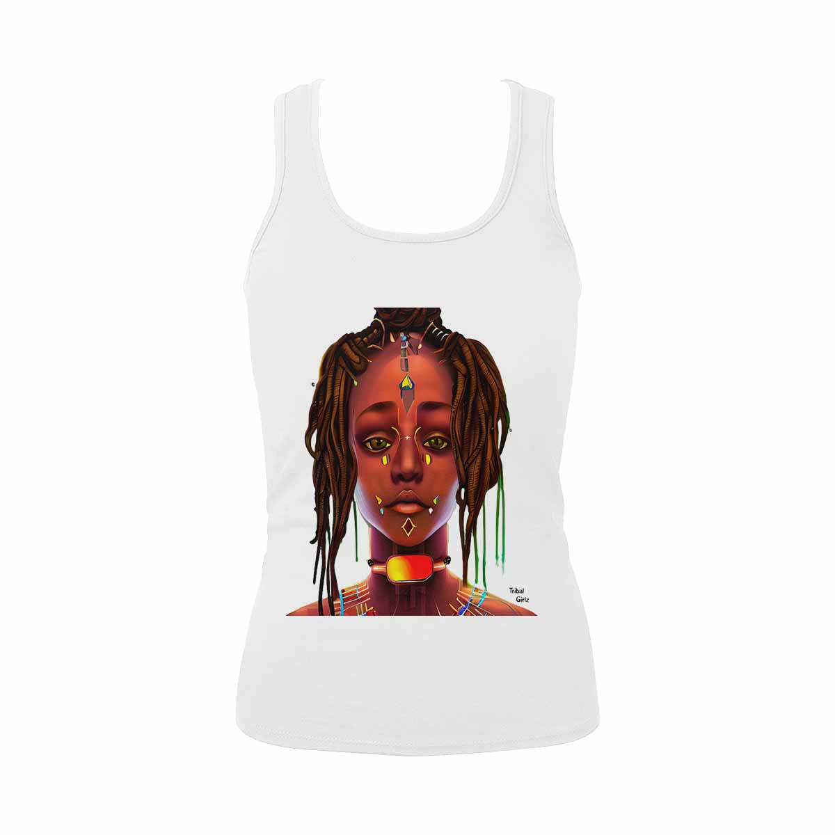 Dreads & Braids, WHITE tank top, cotton, african tribal, outline BL, Fulangiara 45