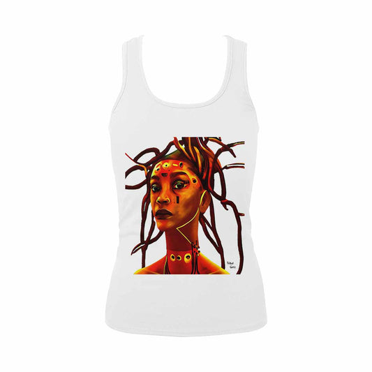 Dreads & Braids, WHITE tank top, cotton, african tribal, outline BL, Fulangiara 37